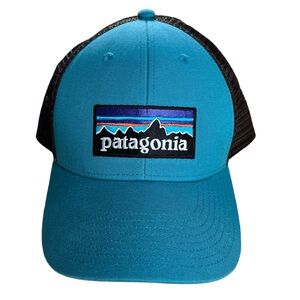 Patagonia blue black trucker hat mesh snapback excellent outdoor hiking camping
